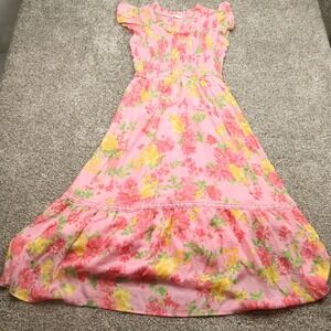 By The‎ River Dress Womens Large Pink Floral Smocked Maxi Flutter Sleeve Boho